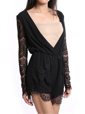 Reverse Black Lace Long-Sleeve Romper